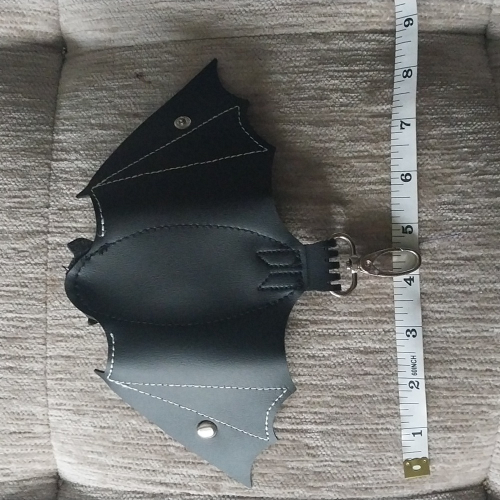 NWT Bat Bag Belt Charm Coin Purse Key Chain Black Faux Leather - Picture 7 of 8